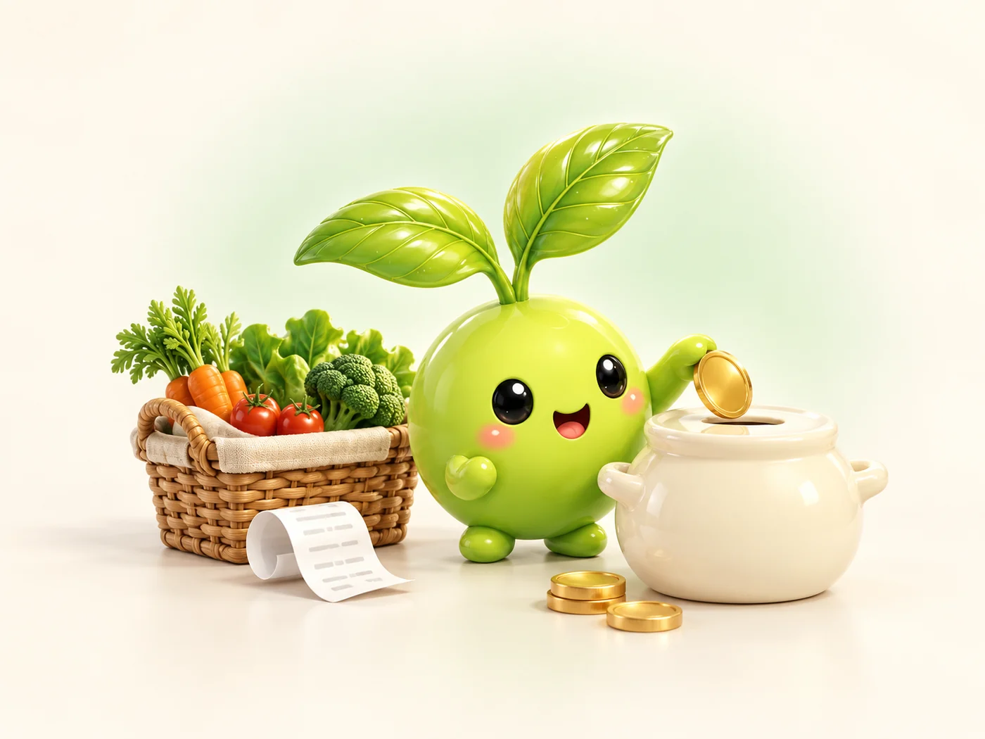 Sprout saving money beside a basket of fresh groceries