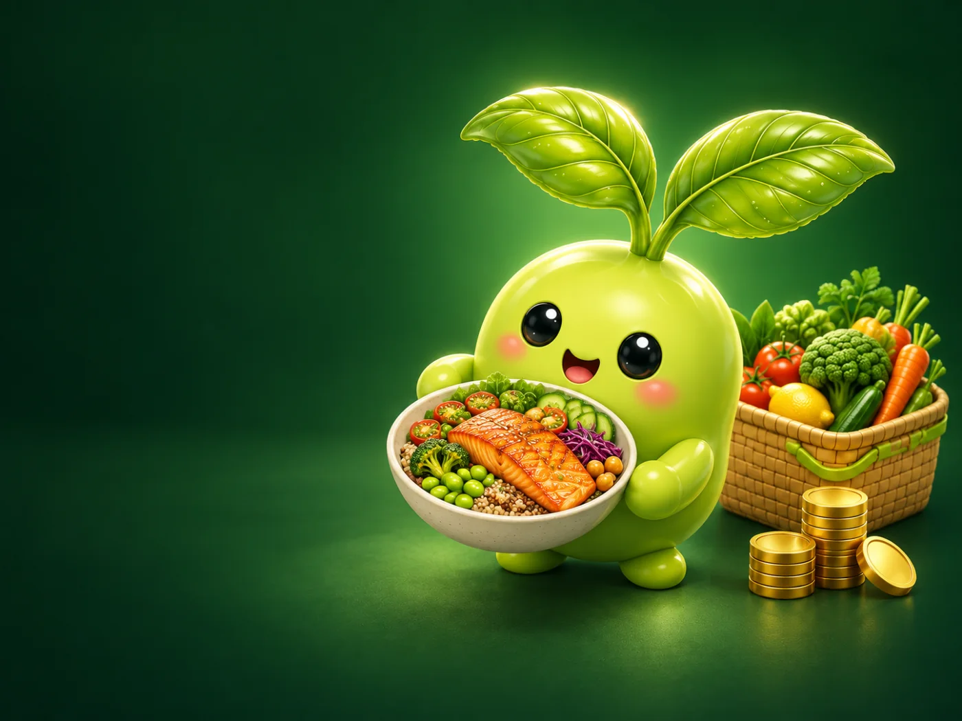 Sprout organizing a delicious meal beside fresh groceries and savings